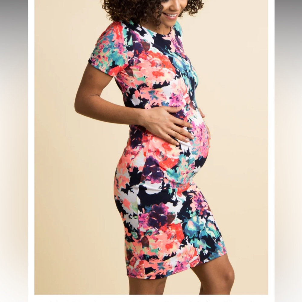 Navy Neon Floral Fitted Maternity Dress
